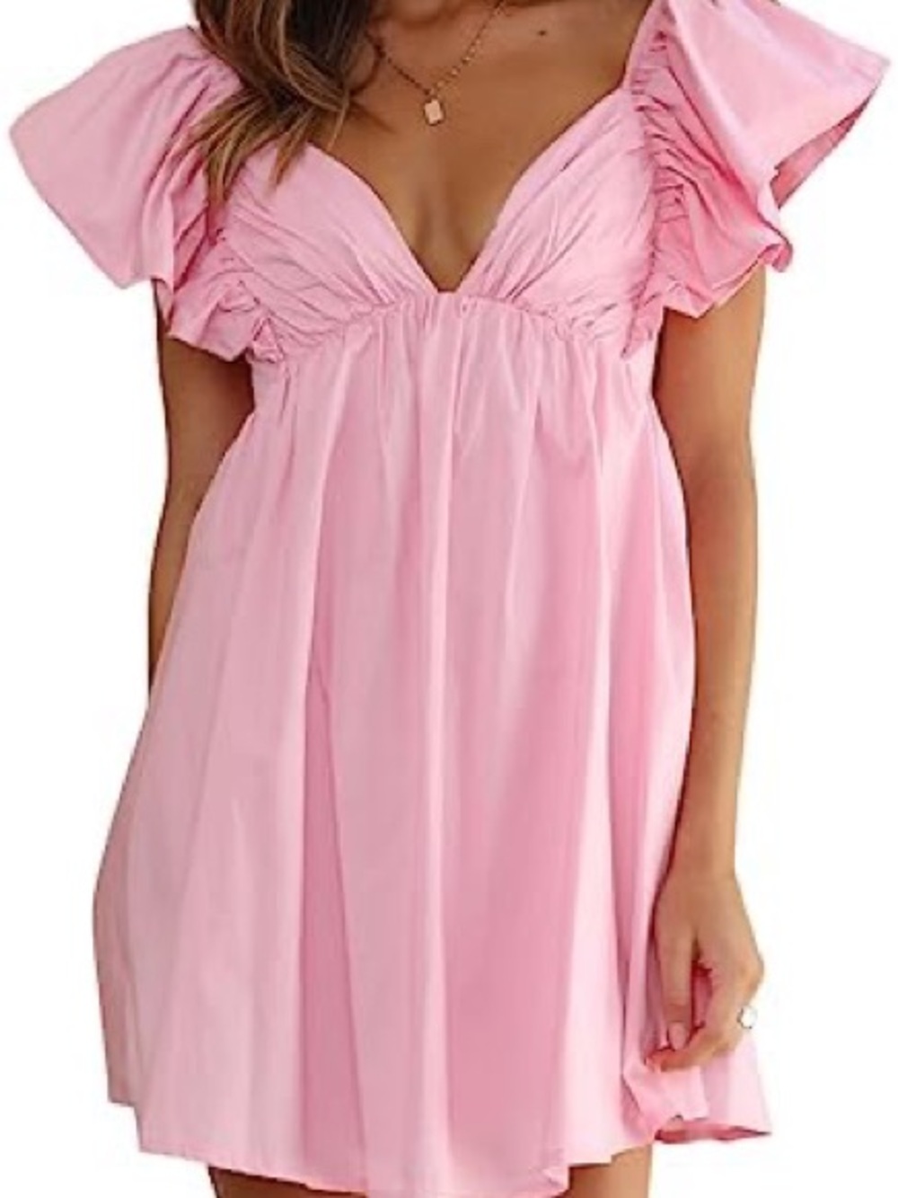 Light Pink Flutter Ruffle Sleeve Babydoll Open Back Bow Tie Mini Dress